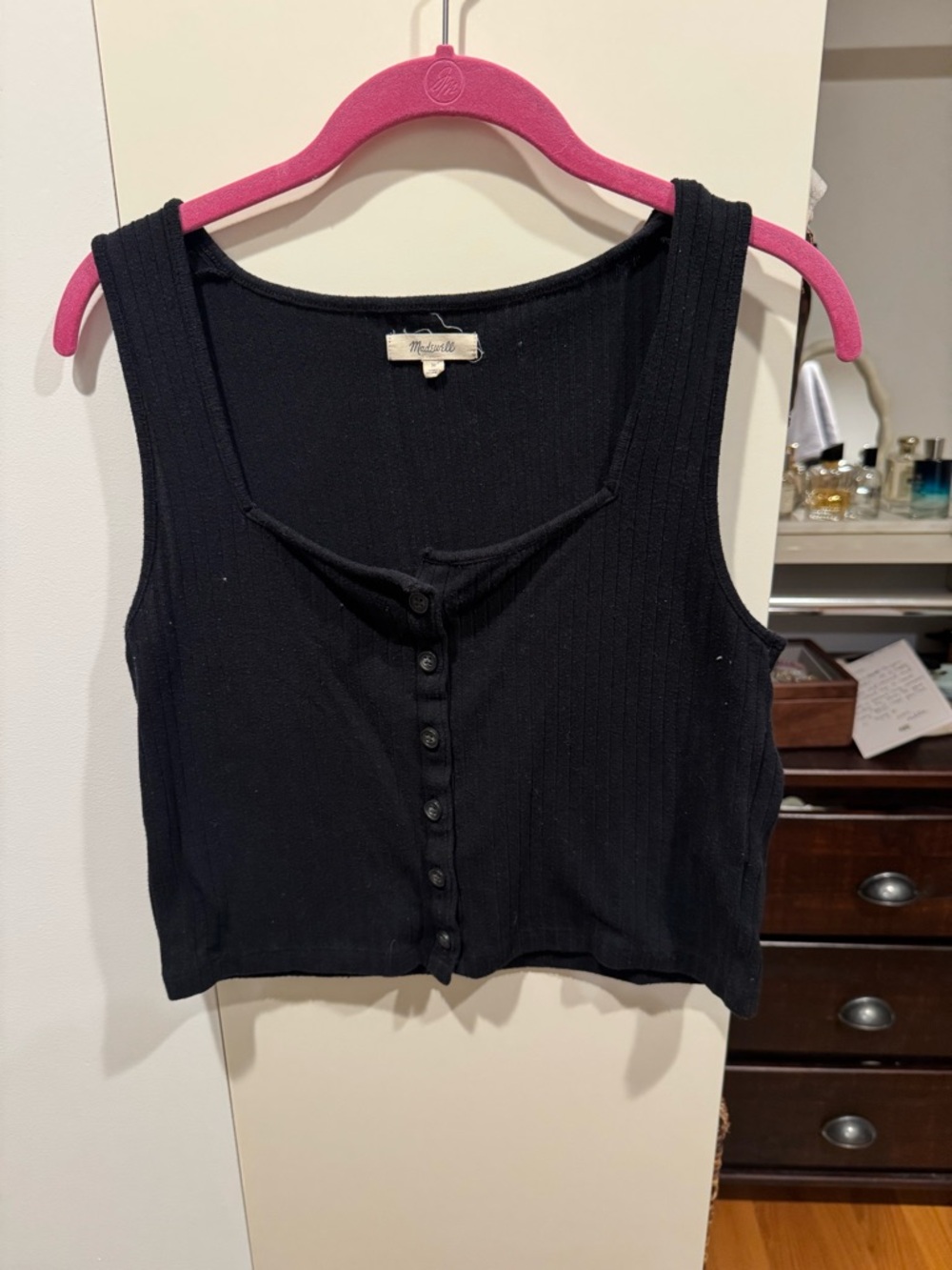 Madewell Ribbed Button-Front Crop Tank | Size Medium | Black